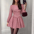 Christmas French Vintage Backless Bow Plaid Dress