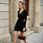 Women V neck Lace Dress Long Sleeve Waist Tight Slimming Flounce A line Dress