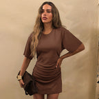Women Clothing Spring Summer Solid Color round Neck Waist Sheath Pleated Dress