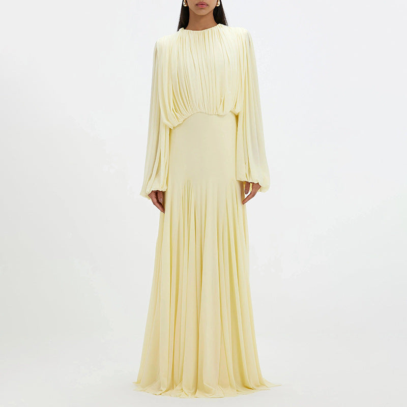 Gentle Dress Dress round Neck High Grade Pleated Patchwork Waist Slimming Maxi Dress