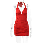 Summer Women Clothing Deep V-neck Halter Lace-up Backless Sexy Pleated Dress