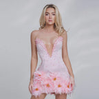 Tube Top Beads Rhinestones Bandage One Piece Dress Pink Feather Ladies Party Cocktail Evening Dress