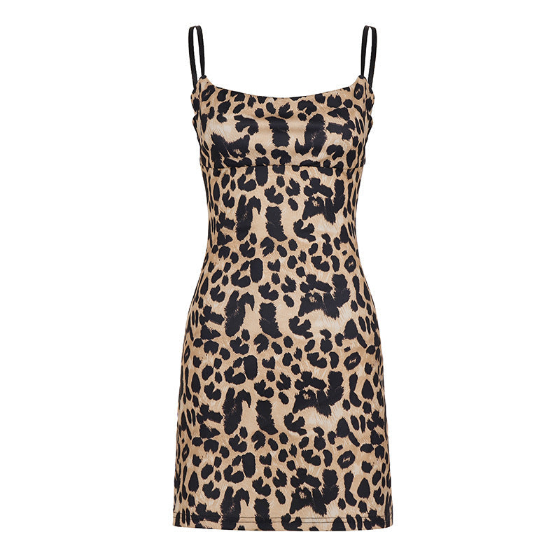 Leopard Print Backless Lace up Tight Waist Slim Vacation Strap Dress Spaghetti Strap A line Dress
