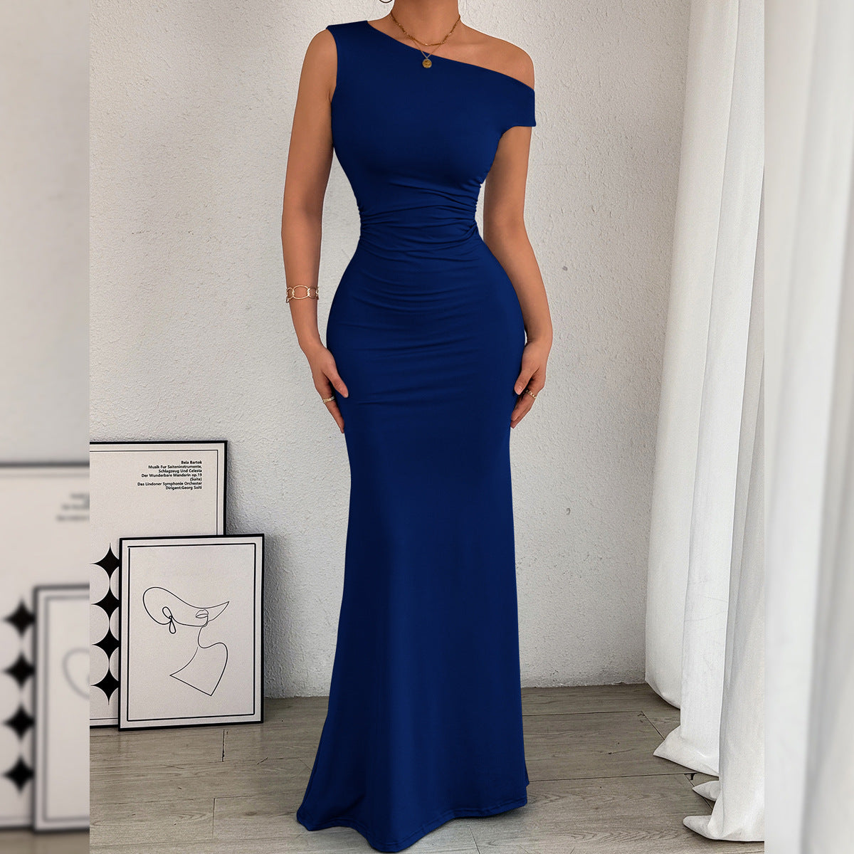 Women Fishtail Dress Slant Shoulder Collar Waist Pleated Sleeveless Sexy Dress