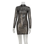 Women Sexy Mesh Long Sleeve Slim Bronzing Thin Glittering Dress Sheath Blouse