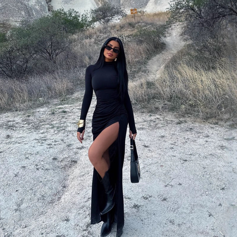 Autumn Stand Collar Long Sleeve Pleated Sexy Slit Hip Bag Dress Women