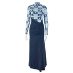 Stitching Women Pleated Slim Hip Micro Transparent Stand Collar Long Sleeve Faux Two Pieces Maxi Dress