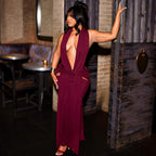 Women Clothing Sexy Halter Deep V Plunge neck Backless Split Solid Color Dress