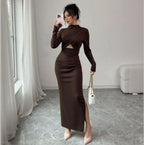 Autumn Winter Sexy Slit Slim Fitting Cropped Outfit Long Sleeve Mid Length Long Sleeve Dress