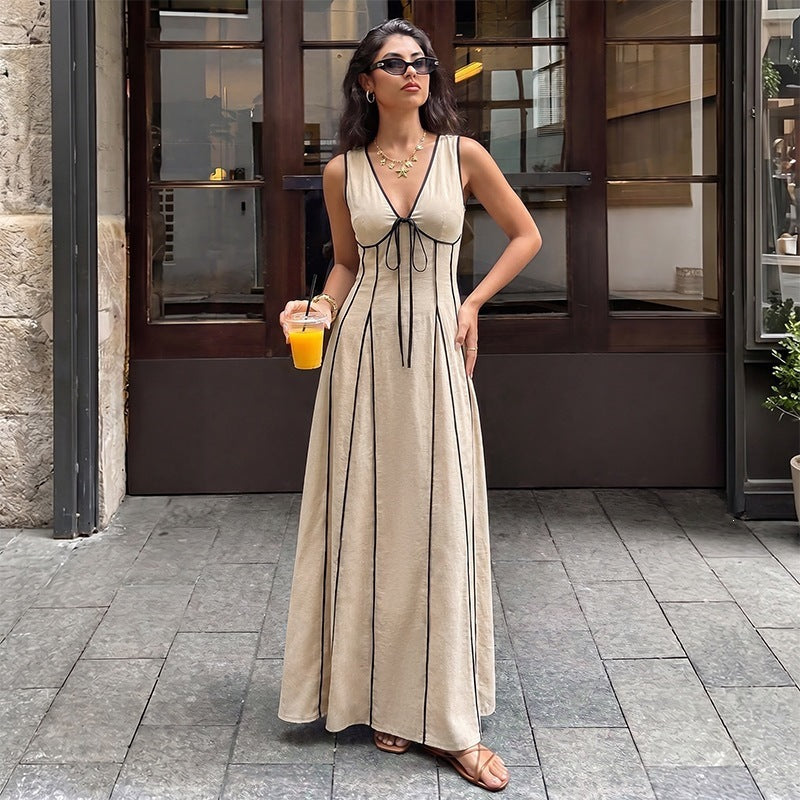 Summer Office Lace up Contrast Color V neck Sleeveless Dress Women