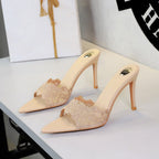 Ultra High Heel Lace Sexy Open Toe Pointed Slip on Stiletto Heel Elegant Lace up Women Slippers
