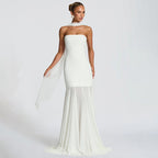 Women Clothing Autumn Winter Solid Color Elegant Sleeveless Chiffon Stitching Tube Top Ribbon Maxi Dress