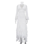 Spring Autumn Digital Printed Chiffon Dress Women Design Ruffled Bell Sleeve High Waist Maxi Dress