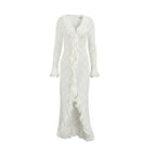 Fall Lace Knitted Stitching Dress Women V neck Slim Fit Polyester Cotton Long Sleeve Irregular Asymmetric Maxi Dress