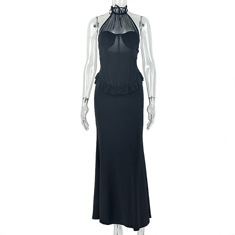 Solid Color Women Slim Pleated Hip Dress Slim Hanging Collar Sleeveless High End Maxi Dress