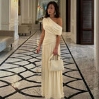 Women Clothing Spring Arrival Fashionable Sexy Diagonal Collar Pleated Asymmetrical Solid Color Dress