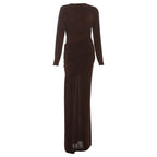 Autumn Winter Women Clothing Solid Color Pleated round Neck Slim Fit Long Sleeved Dress Women