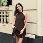 Retro Solid Color Elegant Stitching Pleated Backless Lace up Sexy Halter Dress