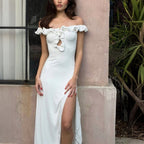 Sexy Tube Top Ruffled Design Waist Tight Solid Color Split Mid Length Dress Women Clothing