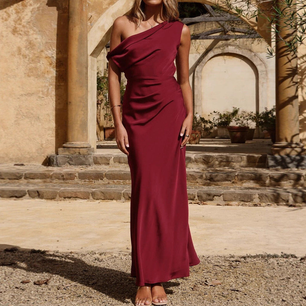 Women Clothing Fashionable Oblique Shoulder Elegant Waist Tight French Dress Women Maxi Dress High Grade Texture