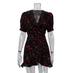 Summer Black Short Sleeve Floral Dress V neck Tight Waist Sexy Dress Women Clothing