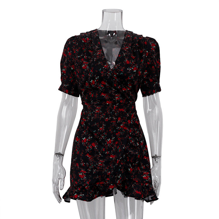 Summer Black Short Sleeve Floral Dress V neck Tight Waist Sexy Dress Women Clothing