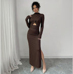 Autumn Winter Sexy Slit Slim Fitting Cropped Outfit Long Sleeve Mid Length Long Sleeve Dress