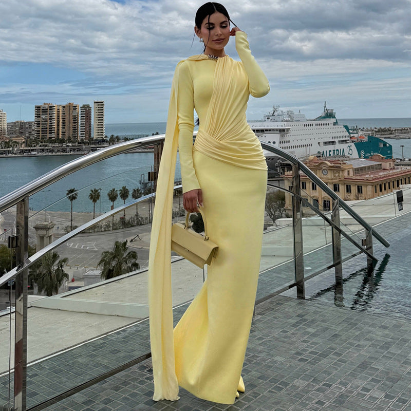 Fall Women Clothing Streamer Long Sleeve round Neck Solid Color Pleated Sexy Sheath Dress