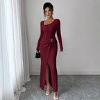 Autumn Winter Irregular Asymmetric Neckline Solid Color Knitted Texture Maxi Dress Women