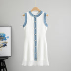 Summer French Youthful-Looking Stitching Contrast Color Frayed Waist Slimming Pleated Vest Dress