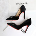 French Elegant Lady Ultra High Heel Stiletto Heel Red Bottom High Grade Rhinestone V Buckle Suede Shoes