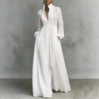 French Waist Controlled Long Sleeves Pleated Shirt Dress Pure Cotton High Quality Casual Vacation Maxi Dress