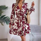 Autumn Winter Casual Floral Lace up Long Sleeve Wooden Ear A line Women Clothing
