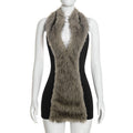 Women Clothing Autumn Winter Solid Color Sexy Sleeveless Bare Back Halter Furry Short Dress