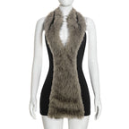 Women Clothing Autumn Winter Solid Color Sexy Sleeveless Bare Back Halter Furry Short Dress