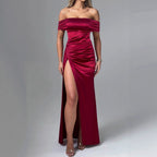 Women Dress Sexy High Split off Neck Slimming Elegant Pleated High Grade Dress