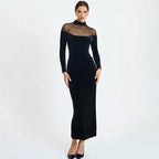 Autumn Winter Wear Voile See through Stitching Dress Sexy Tight Solid Color Dress