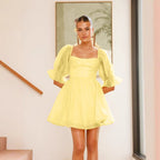 Organza Solid Color Retro Puff Sleeve Princess Dress Large Dress