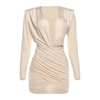 Autumn Winter Women Clothing Long Sleeve Solid Color Pleated Sexy Deep V Plunge neck Hip Sexy Dress