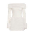 Autumn Winter Elegant Women Party Furry Stitching off Shoulder Dress Sexy Slim Long Sleeve Hip Dress