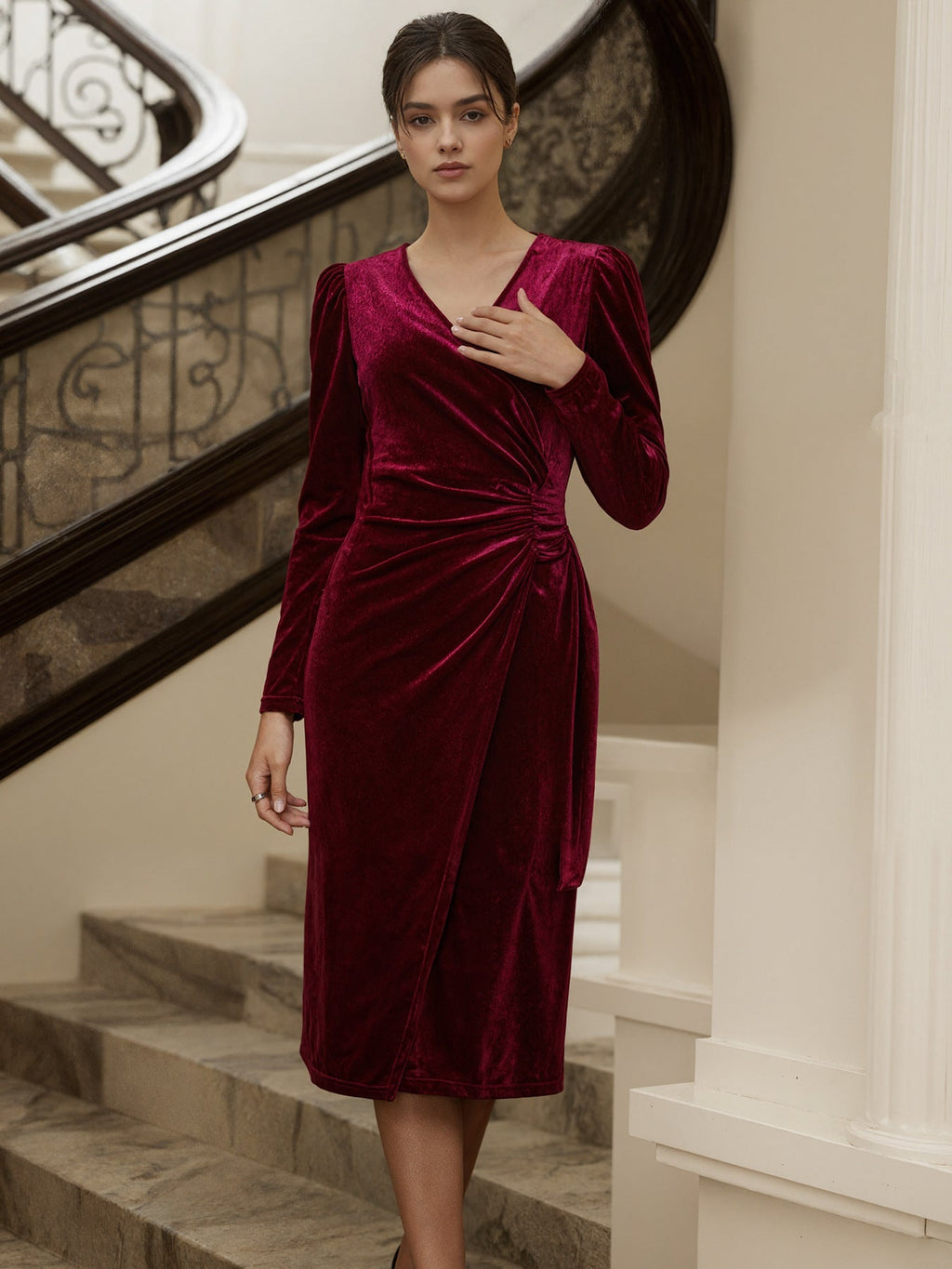 Autumn Winter Velvet V neck Waist Controlled Slimming Pleated Wrap Mid Length Graceful Formal Dress
