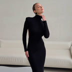 Spring Elegant Black Sexy Backless Knitted Slim Fit Long Sleeved Turtleneck Dress for Women