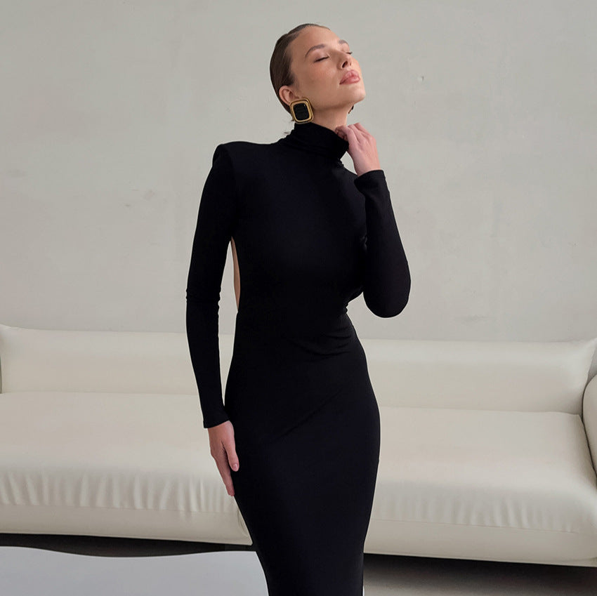 Spring Elegant Black Sexy Backless Knitted Slim Fit Long Sleeved Turtleneck Dress for Women