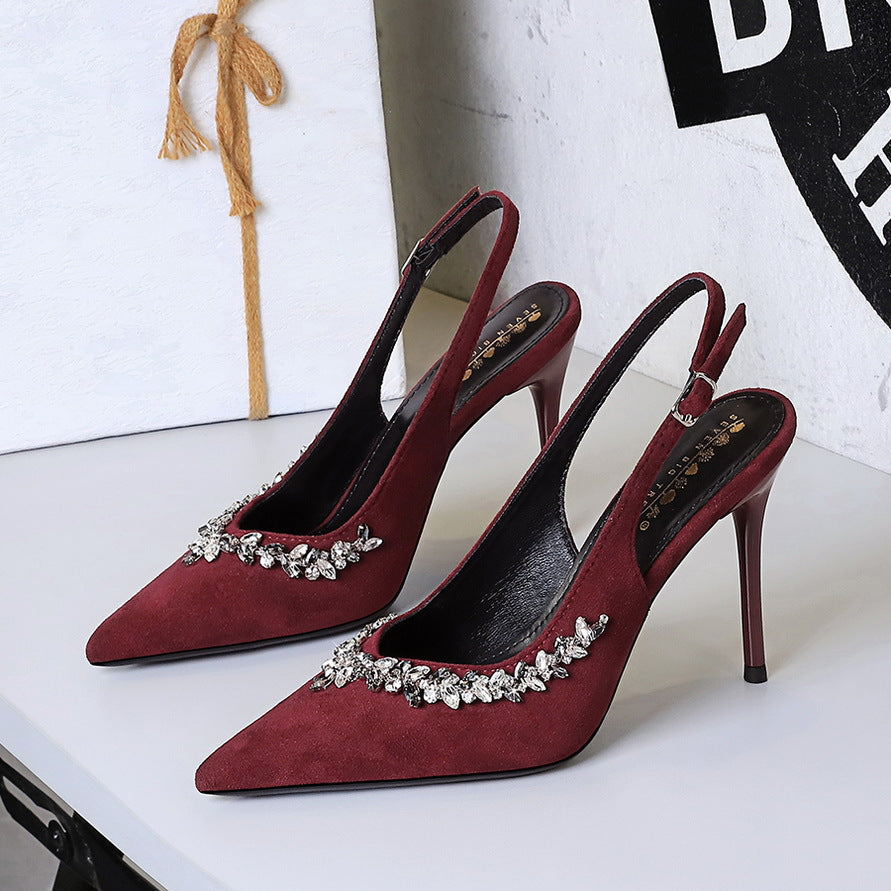 Cocktail High Heels Stiletto Heel Pointed Toe Rhinestone Shallow Mouth Suede Back Empty Back Strap Super High Heel Shoes