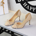 French Sweet Bow Decoration round Toe Shallow Mouth Side Hollow Out Cutout Slip on Stiletto Heel Women Shoes