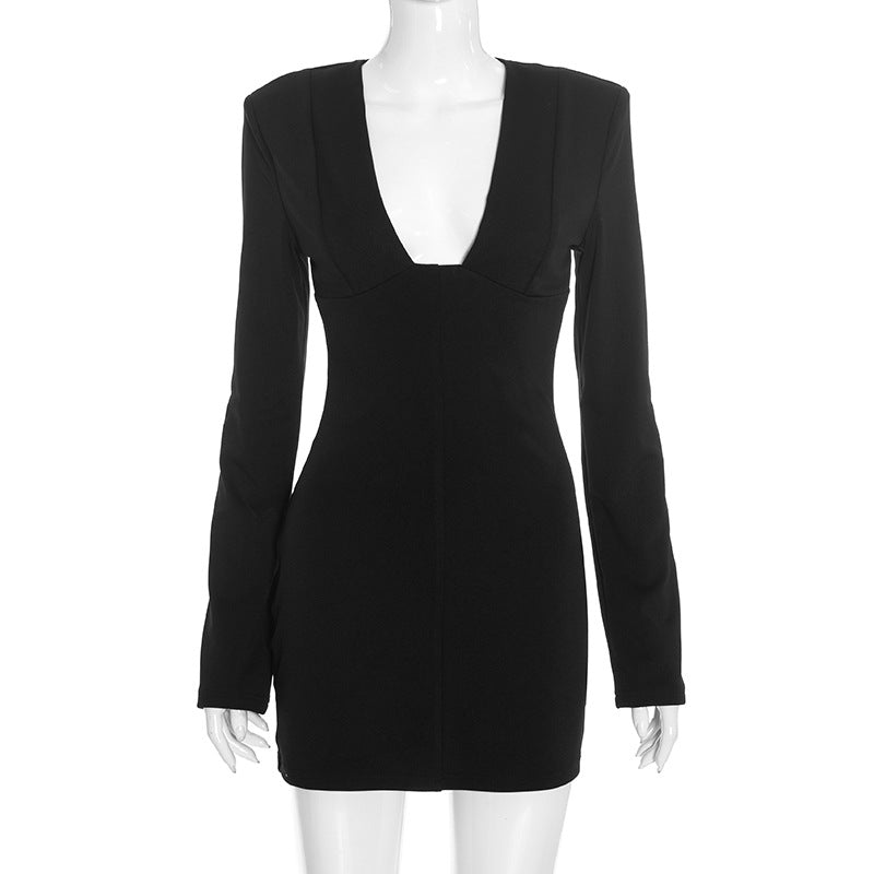 Women Clothing Solid Color Long Sleeve Slim Fit Slimming V Neckline Blazers Dress