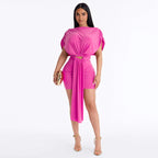 Women Clothing Summer Solid Color Casual Slim Pleated Short Sleeves Hollow Out Cutout Ribbon Short Dress