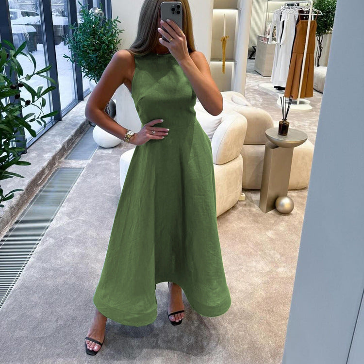 Commuting Simple Elegant A line Dress Women Summer round Neck Sleeveless Long Jumper Dress