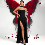 Sexy Halter Ribbon Tube Top Evening Dress Solid Color Draping Chiffon High Slit Mopping Cocktail Dress