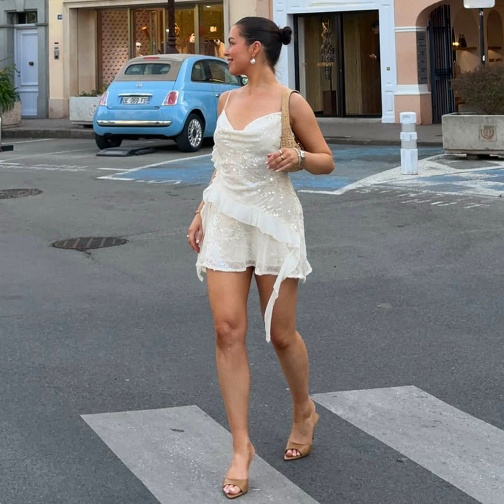 Elegant Party Sexy Special Sequ Swing Collar Irregular Asymmetric Hem Pleated Dress Short for Women